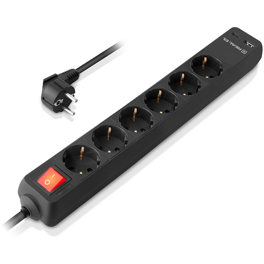 Мережевий фільтр REAL-EL RS-Protect 605 Black, 6 розеток, 1xUSB-C, 1xUSB, 3м (EL122300041)