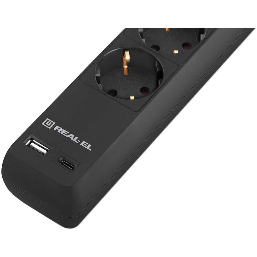 Мережевий фільтр REAL-EL RS-Protect 605 Black, 6 розеток, 1xUSB-C, 1xUSB, 3м (EL122300041)