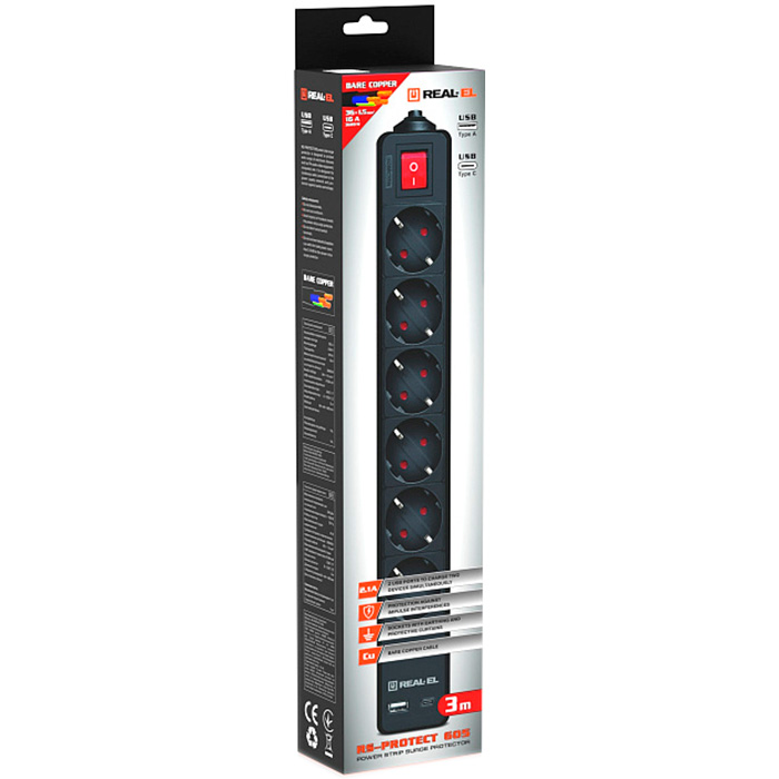Мережевий фільтр REAL-EL RS-Protect 605 Black, 6 розеток, 1xUSB-C, 1xUSB, 3м (EL122300041)