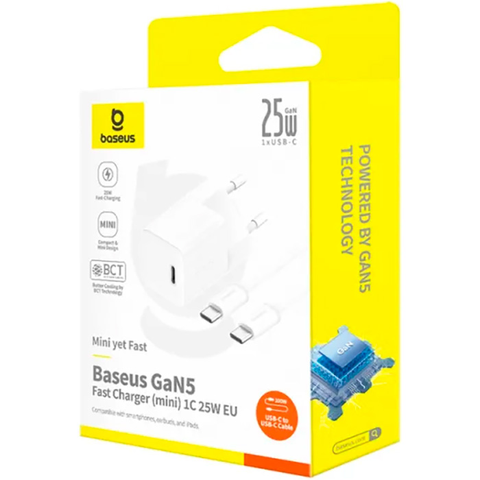 Зарядний пристрій BASEUS GaN5 Fast Charger Mini 1C 25W Moon White w/Type-C cable (P10110909213-01)