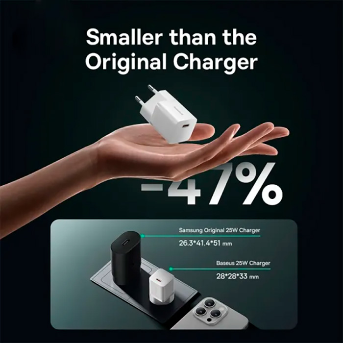 Зарядний пристрій BASEUS GaN5 Fast Charger Mini 1C 25W Moon White w/Type-C cable (P10110909213-01)