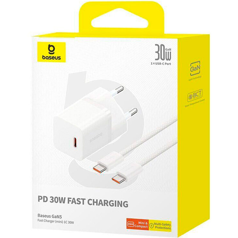 Зарядное устройство BASEUS GaN5 Fast Charger Mini 1C 30W Moon White w/Type-C cable (P10110902213-00)