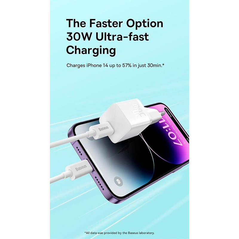 Зарядное устройство BASEUS GaN5 Fast Charger Mini 1C 30W Moon White w/Type-C cable (P10110902213-00)