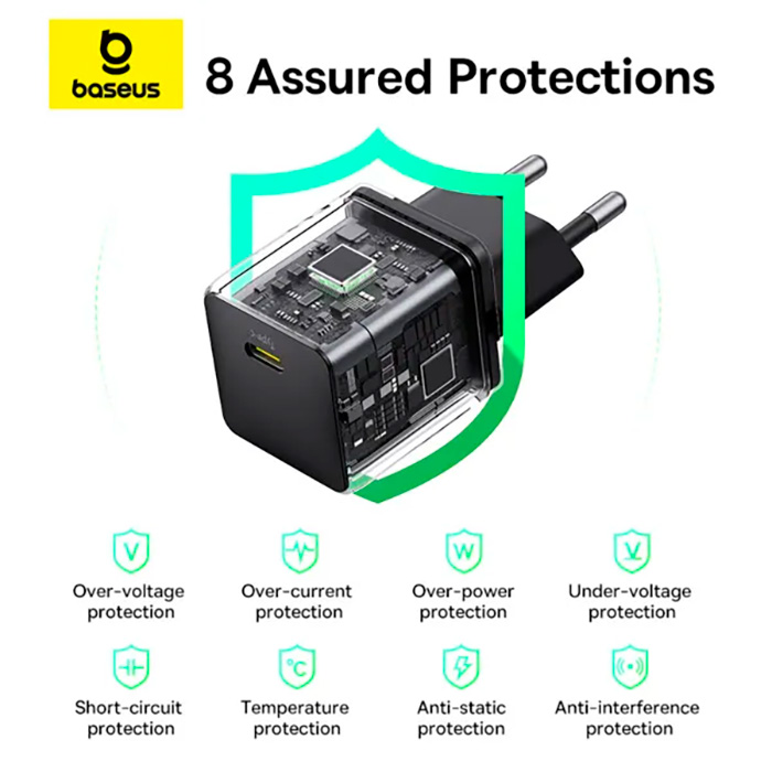 Зарядний пристрій BASEUS Palm Fast Charger 1C 30W EU Cluster Black w/Type-C cable (P10111605113-01)