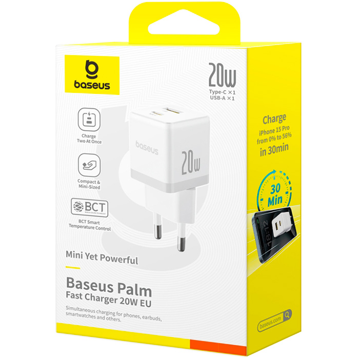 Зарядний пристрій BASEUS Palm Fast Charger C+U 20W EU Moon White (P10111608213-00)