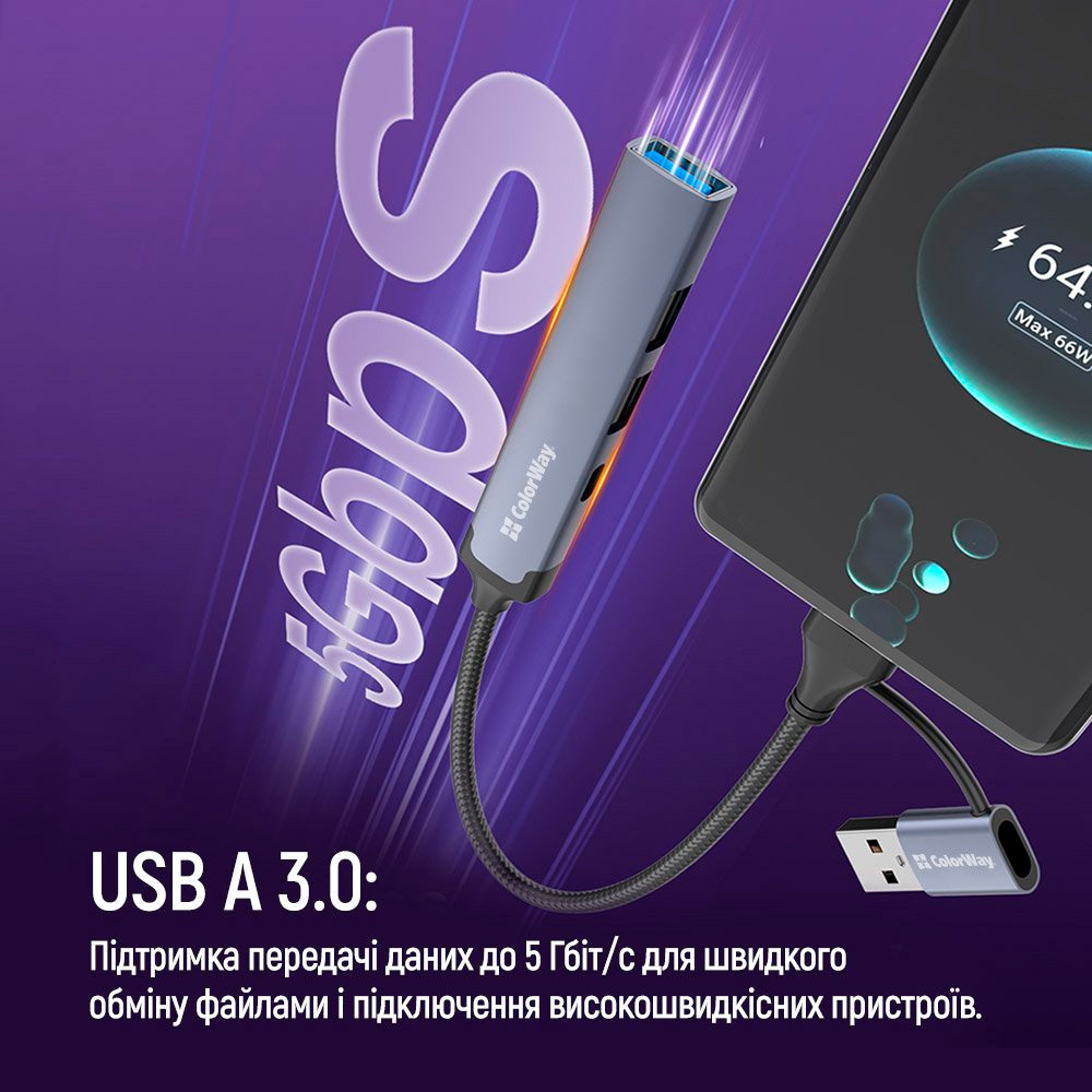 USB-хаб COLORWAY 4-in-1 USB-A/USB-C to 1xUSB3.0, 2xUSB2.0, 1xUSB-C2.0 (CW-HUB06)