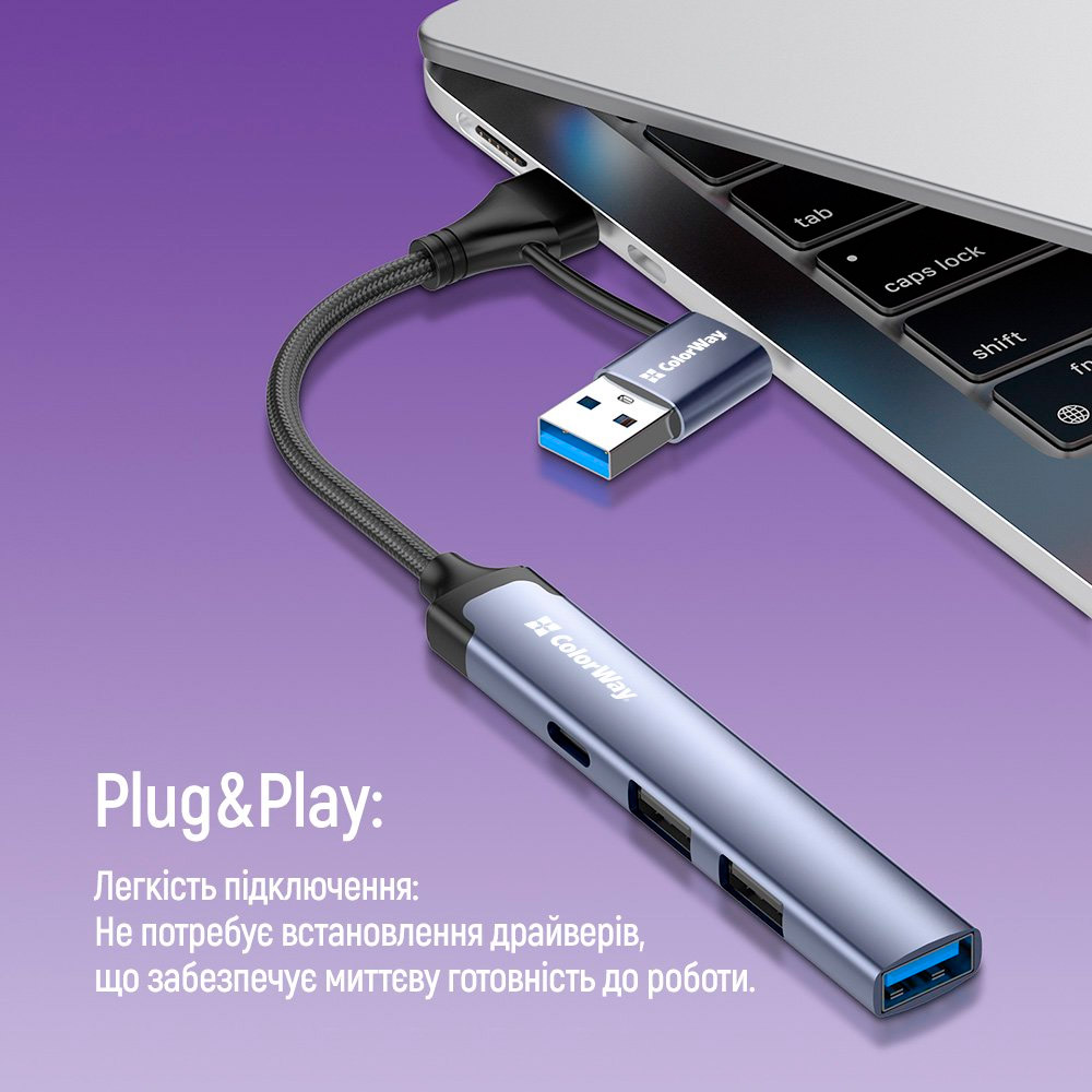 USB-хаб COLORWAY 4-in-1 USB-A/USB-C to 1xUSB3.0, 2xUSB2.0, 1xUSB-C2.0 (CW-HUB06)