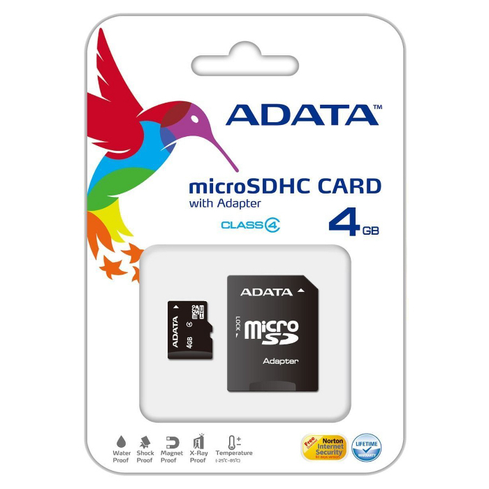 Карта памяти ADATA microSDHC 4GB Class 4 + SD-adapter (AUSDH4GCL4-RA1)