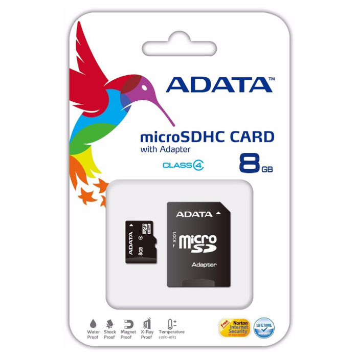 Карта памяти ADATA microSDHC 8GB Class 4 + SD-adapter (AUSDH8GCL4-RA1)
