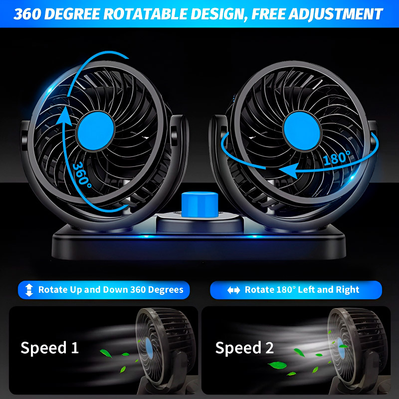 Автомобільний вентилятор VOLTRONIC F30 Dual-Headed 360° Rotating Car Fan with Low Noise & Adjustable Airflow