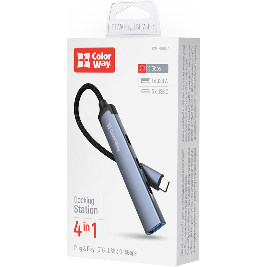 USB-хаб COLORWAY 4-in-1 USB-C to 1xUSB3.0, 3xUSB-C2.0 (CW-HUB07)