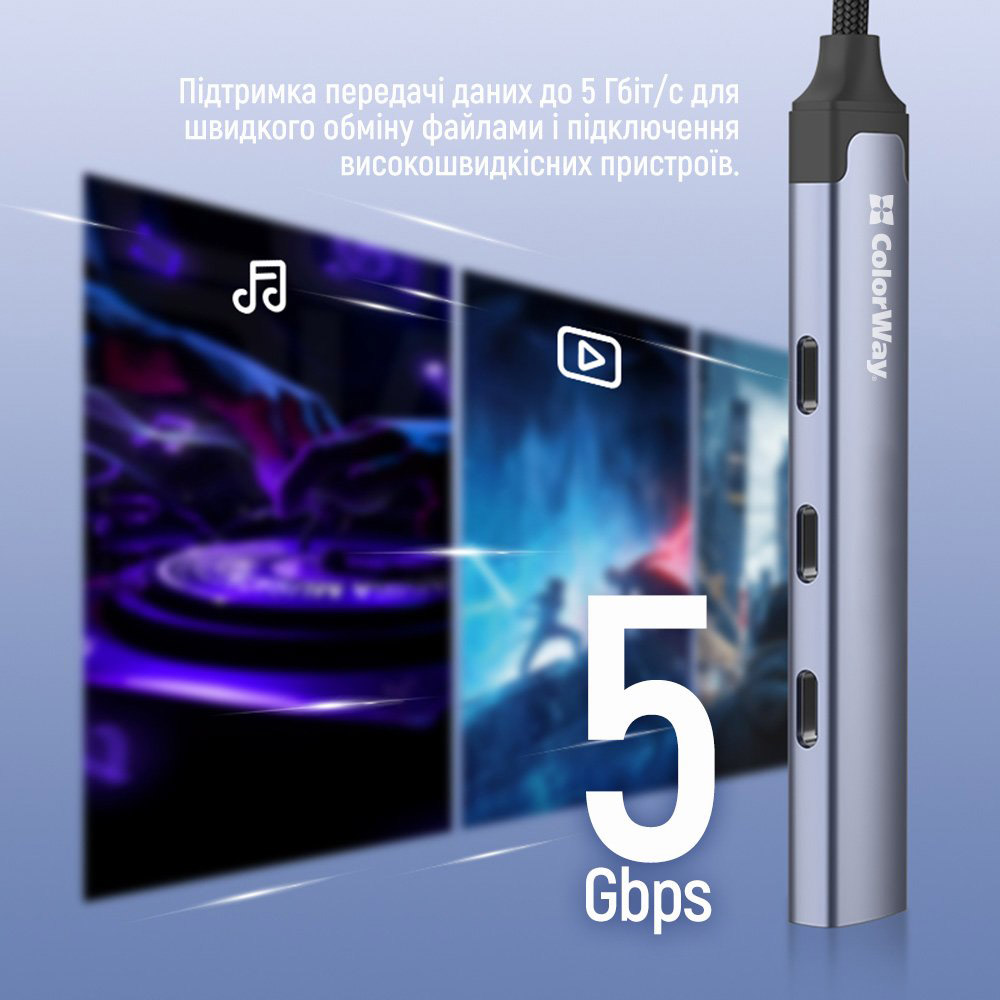USB-хаб COLORWAY 4-in-1 USB-C to 1xUSB3.0, 3xUSB-C2.0 (CW-HUB07)