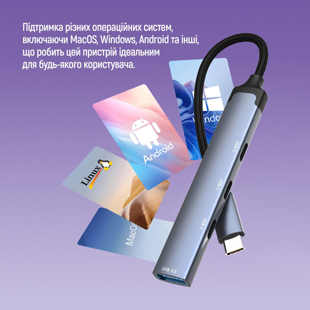 USB-хаб COLORWAY 4-in-1 USB-C to 1xUSB3.0, 3xUSB-C2.0 (CW-HUB07)