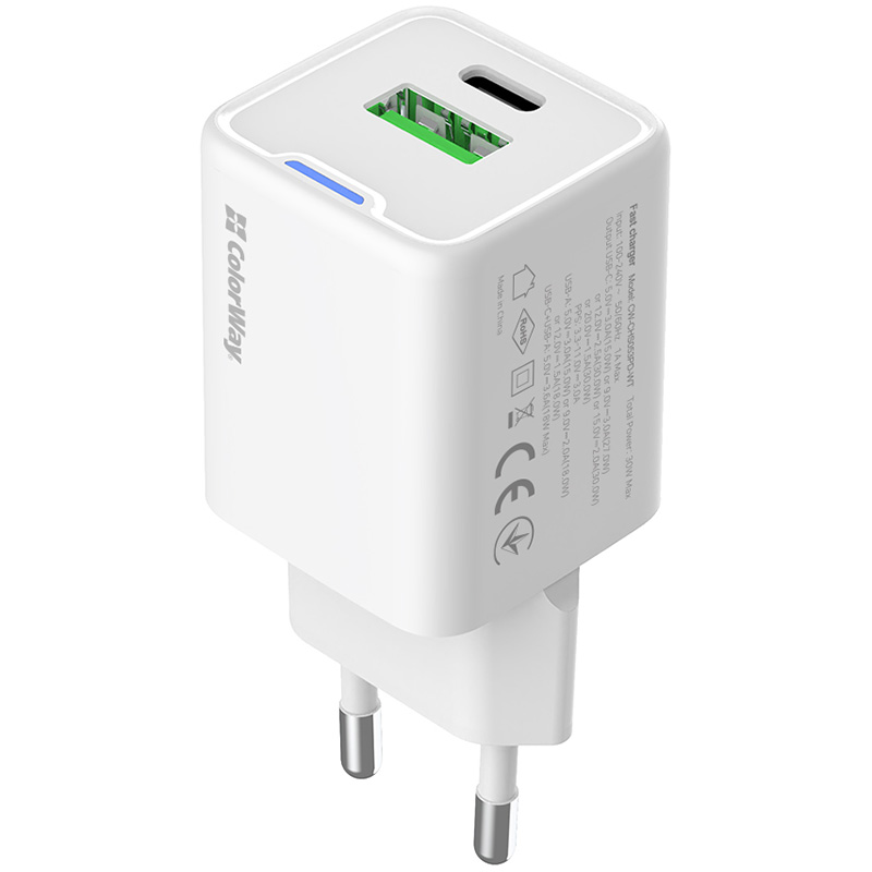Зарядний пристрій COLORWAY GaN Mini 30W 1xUSB-A, 1xUSB-C Fast Charging White (CW-CHS053PD-WT)