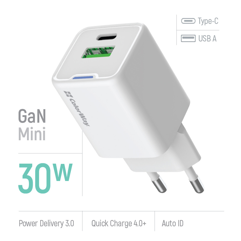 Зарядний пристрій COLORWAY GaN Mini 30W 1xUSB-A, 1xUSB-C Fast Charging White (CW-CHS053PD-WT)
