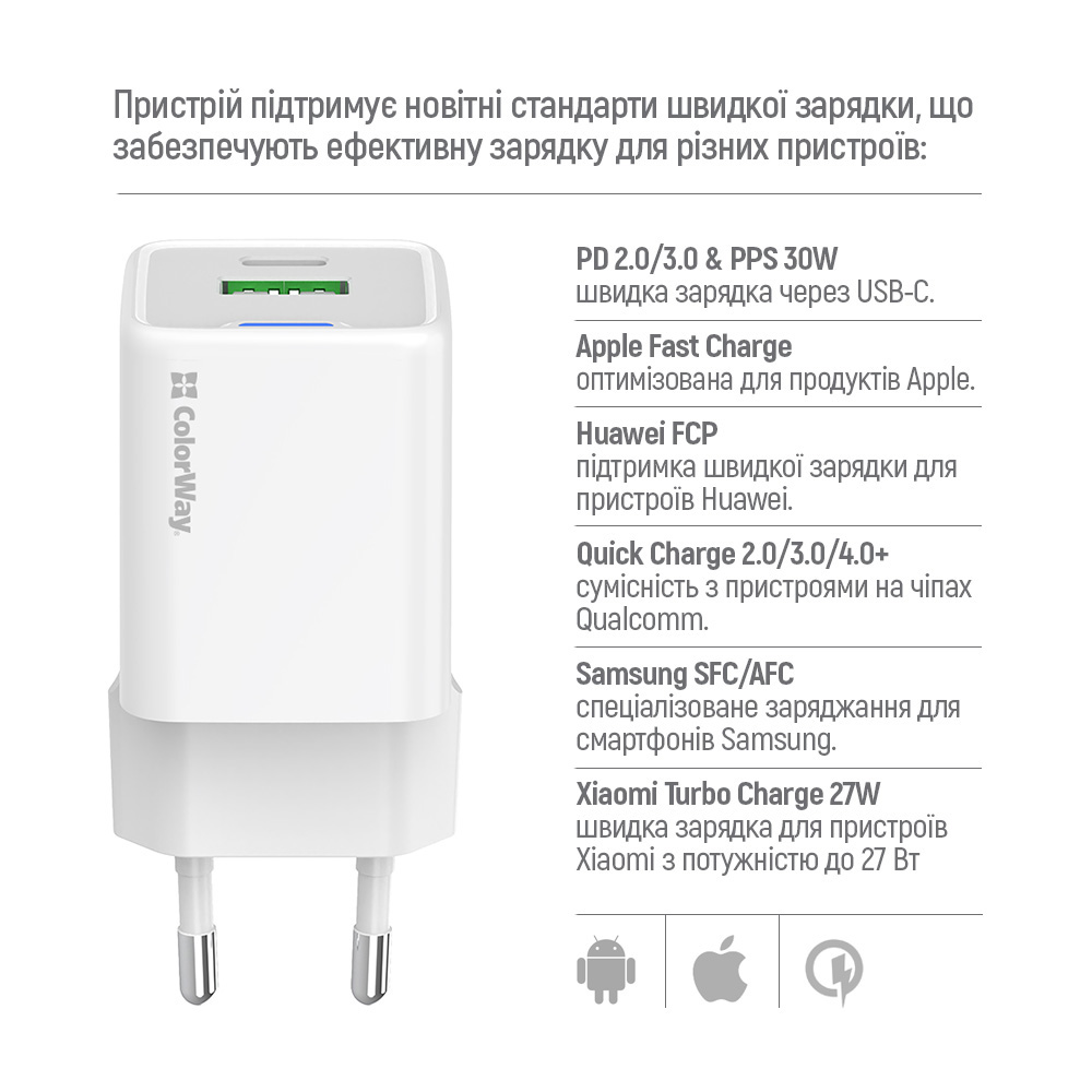 Зарядний пристрій COLORWAY GaN Mini 30W 1xUSB-A, 1xUSB-C Fast Charging White (CW-CHS053PD-WT)