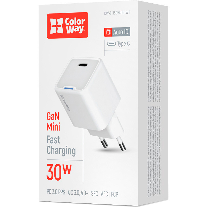 Зарядний пристрій COLORWAY GaN Mini 30W 1xUSB-C Fast Charging White (CW-CHS054PD-WT)