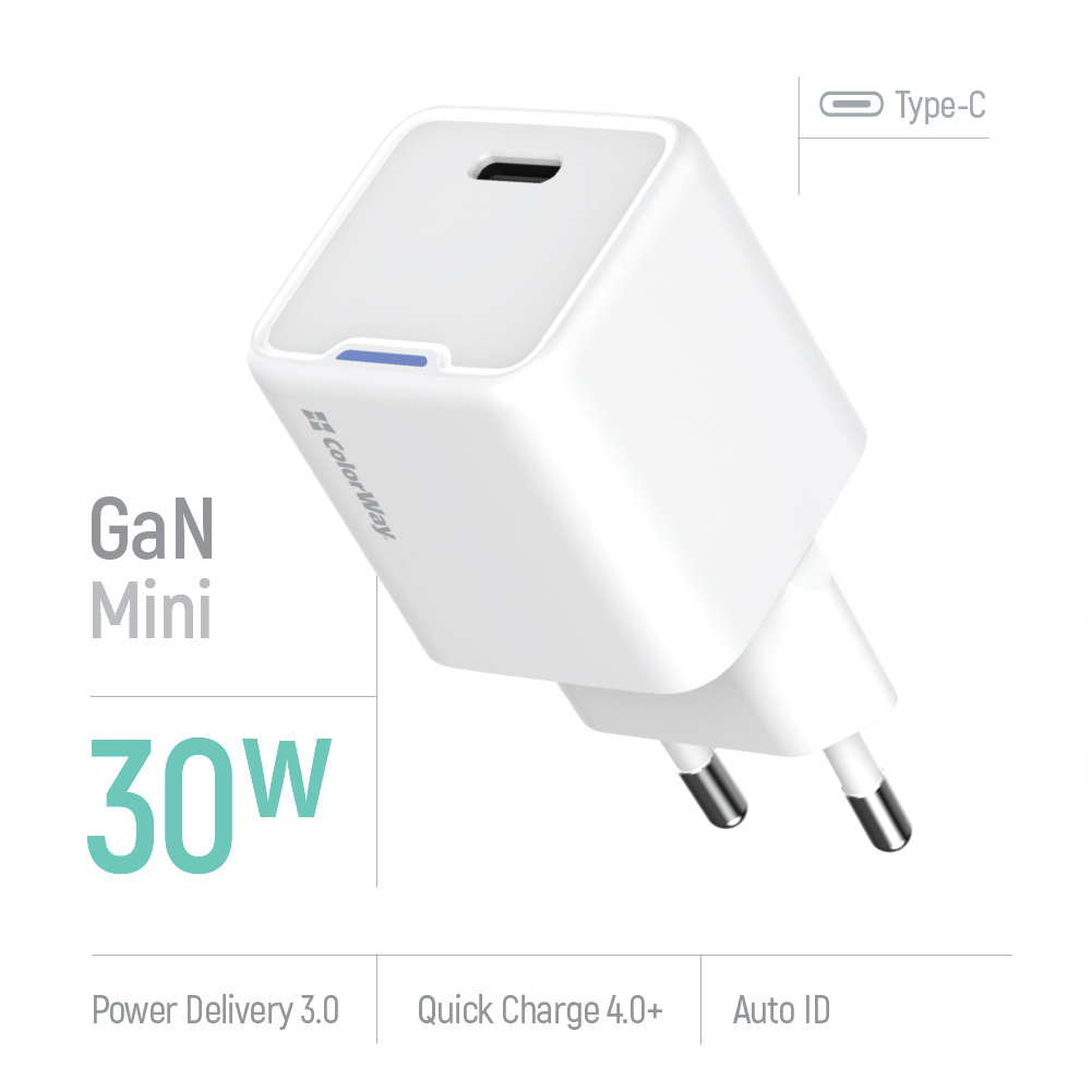 Зарядний пристрій COLORWAY GaN Mini 30W 1xUSB-C Fast Charging White (CW-CHS054PD-WT)