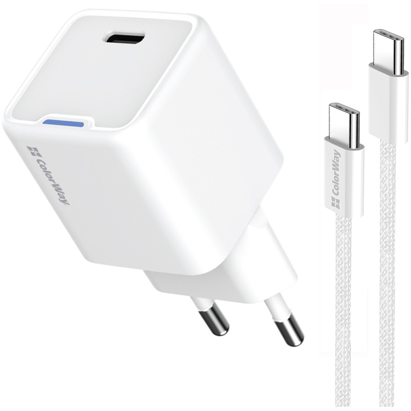 Зарядний пристрій COLORWAY GaN Mini 30W 1xUSB-C Fast Charging White w/Type-C cable (CW-CHS054PDC-WT)