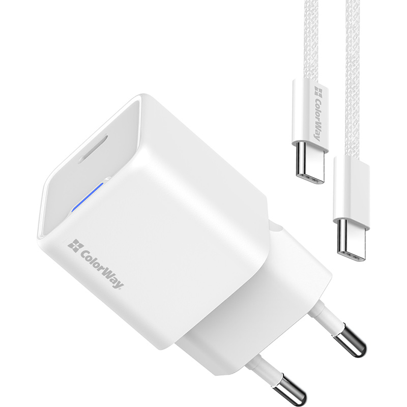 Зарядний пристрій COLORWAY GaN Mini 30W 1xUSB-C Fast Charging White w/Type-C cable (CW-CHS054PDC-WT)