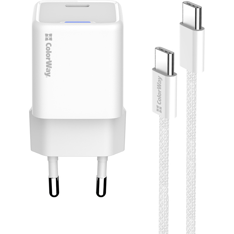 Зарядний пристрій COLORWAY GaN Mini 30W 1xUSB-C Fast Charging White w/Type-C cable (CW-CHS054PDC-WT)
