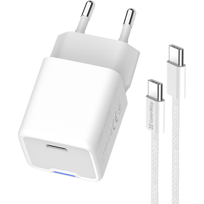 Зарядний пристрій COLORWAY GaN Mini 30W 1xUSB-C Fast Charging White w/Type-C cable (CW-CHS054PDC-WT)