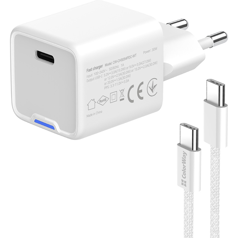 Зарядний пристрій COLORWAY GaN Mini 30W 1xUSB-C Fast Charging White w/Type-C cable (CW-CHS054PDC-WT)