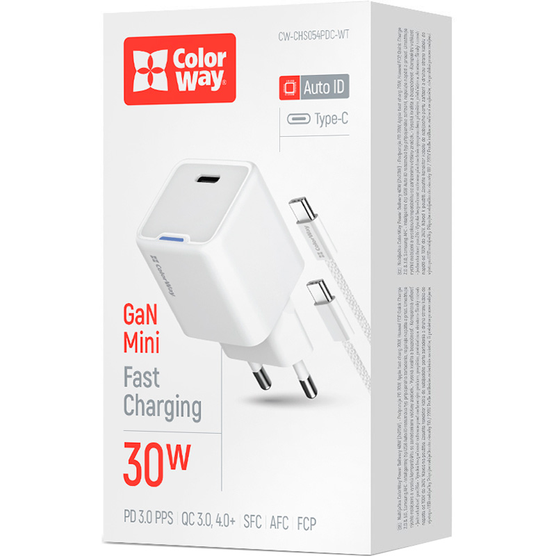 Зарядний пристрій COLORWAY GaN Mini 30W 1xUSB-C Fast Charging White w/Type-C cable (CW-CHS054PDC-WT)