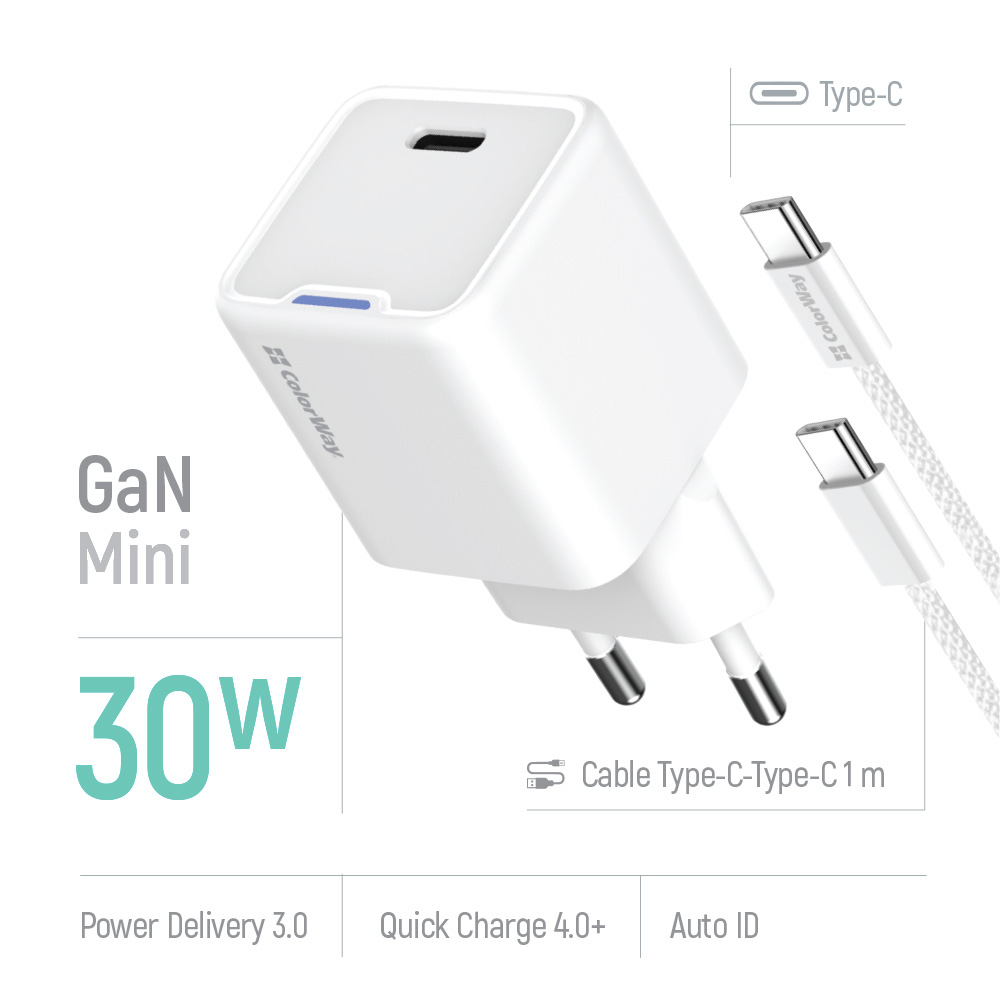 Зарядний пристрій COLORWAY GaN Mini 30W 1xUSB-C Fast Charging White w/Type-C cable (CW-CHS054PDC-WT)