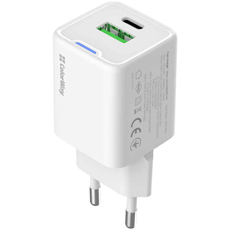 Зарядний пристрій COLORWAY GaN Mini 35W 1xUSB-A, 1xUSB-C Fast Charging White (CW-CHS055PD-WT)