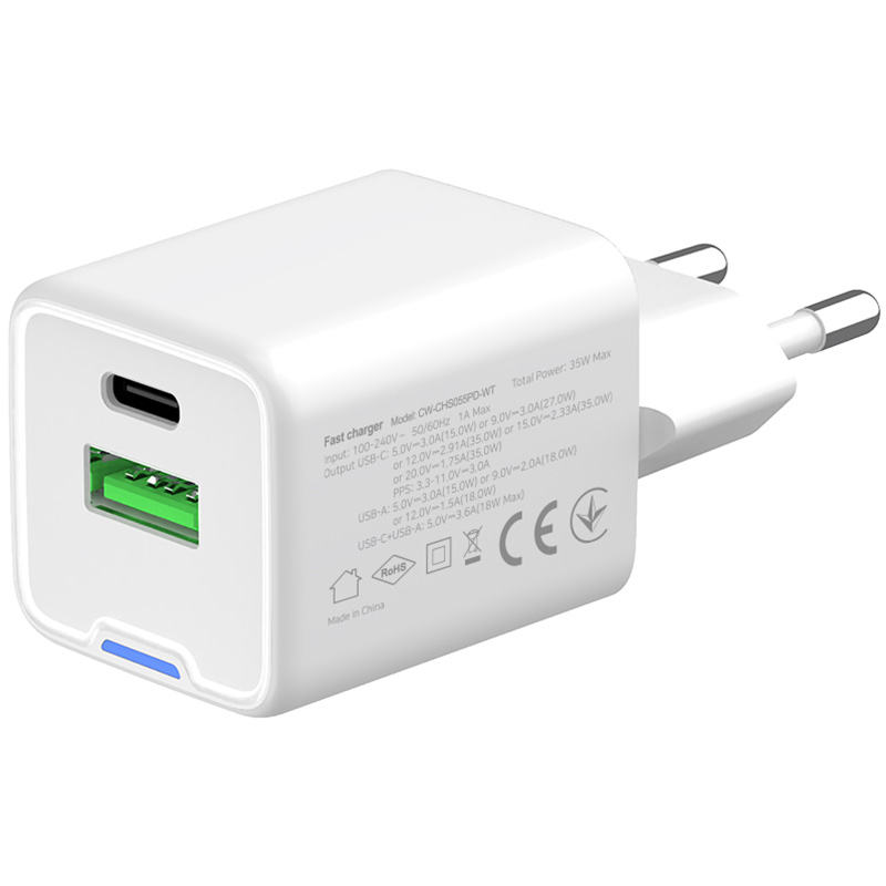 Зарядний пристрій COLORWAY GaN Mini 35W 1xUSB-A, 1xUSB-C Fast Charging White (CW-CHS055PD-WT)