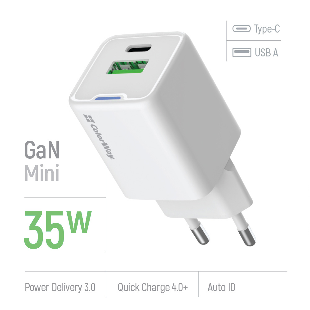 Зарядний пристрій COLORWAY GaN Mini 35W 1xUSB-A, 1xUSB-C Fast Charging White (CW-CHS055PD-WT)