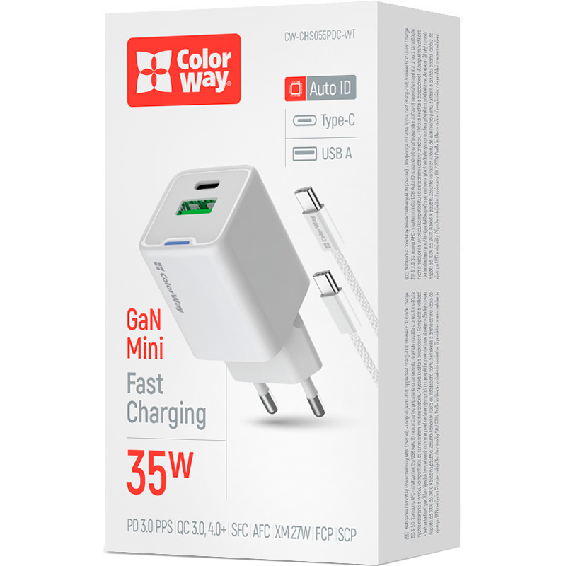 Зарядний пристрій COLORWAY GaN Mini 35W 1xUSB-A, 1xUSB-C Fast Charging White w/Type-C cable (CW-CHS055PDC-WT)
