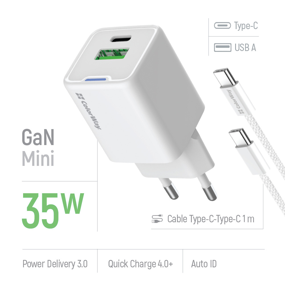 Зарядний пристрій COLORWAY GaN Mini 35W 1xUSB-A, 1xUSB-C Fast Charging White w/Type-C cable (CW-CHS055PDC-WT)