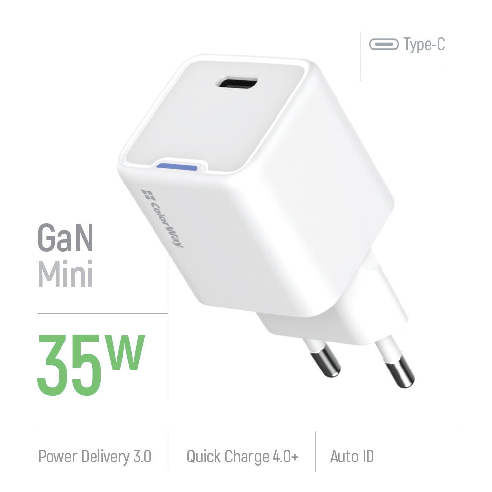 Зарядний пристрій COLORWAY GaN Mini 35W 1xUSB-C Fast Charging White (CW-CHS056PD-WT)