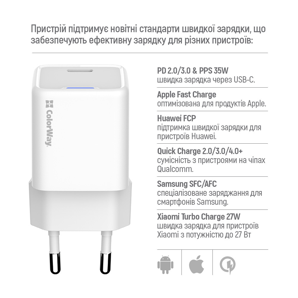 Зарядний пристрій COLORWAY GaN Mini 35W 1xUSB-C Fast Charging White (CW-CHS056PD-WT)