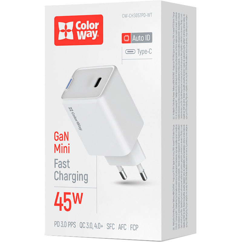 Зарядний пристрій COLORWAY GaN Mini 45W 1xUSB-C Fast Charging White (CW-CHS057PD-WT)