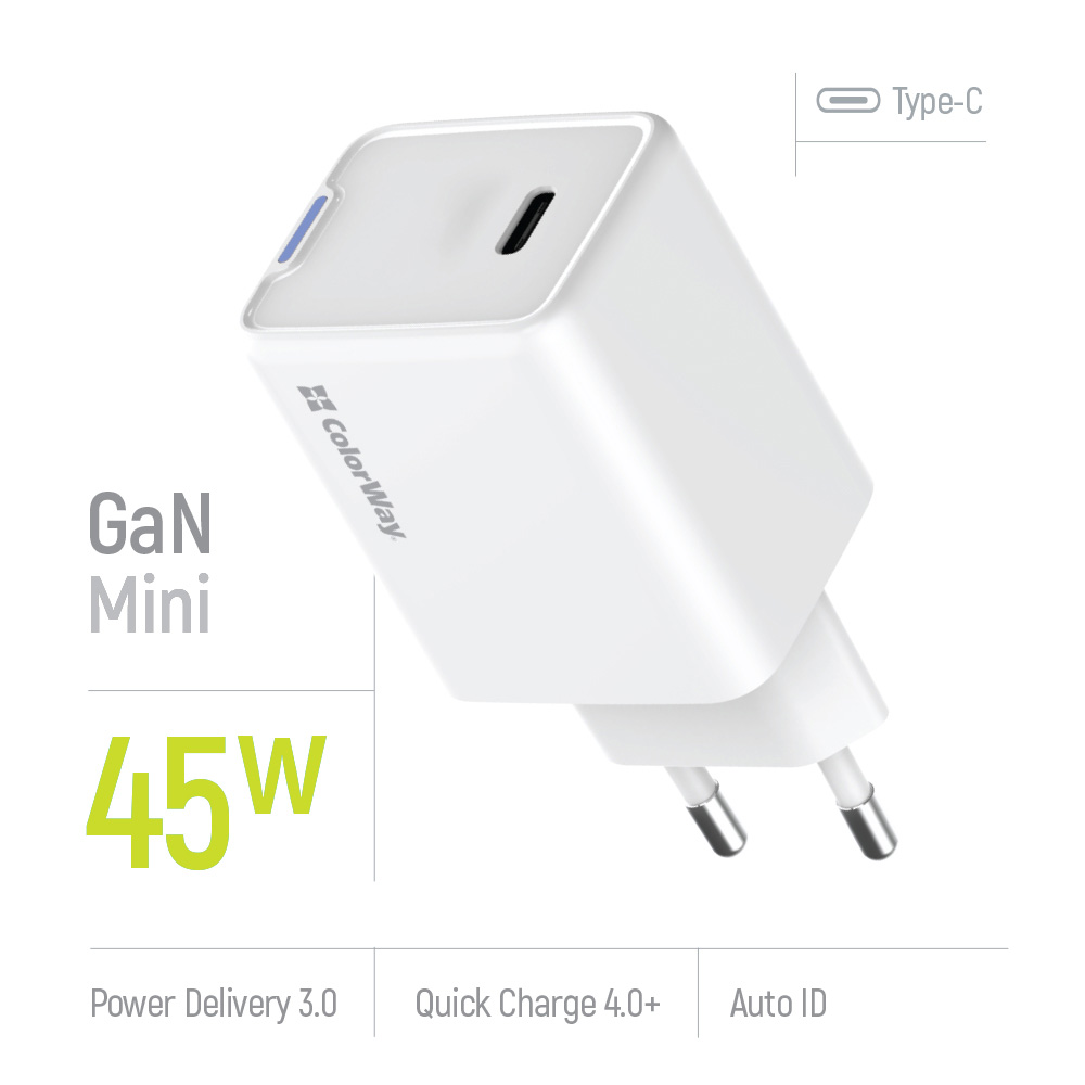 Зарядний пристрій COLORWAY GaN Mini 45W 1xUSB-C Fast Charging White (CW-CHS057PD-WT)