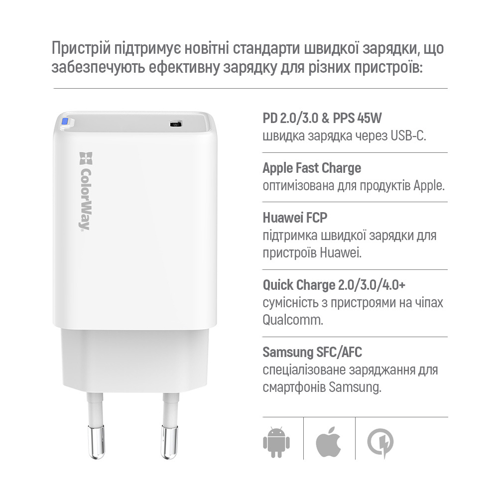 Зарядний пристрій COLORWAY GaN Mini 45W 1xUSB-C Fast Charging White (CW-CHS057PD-WT)
