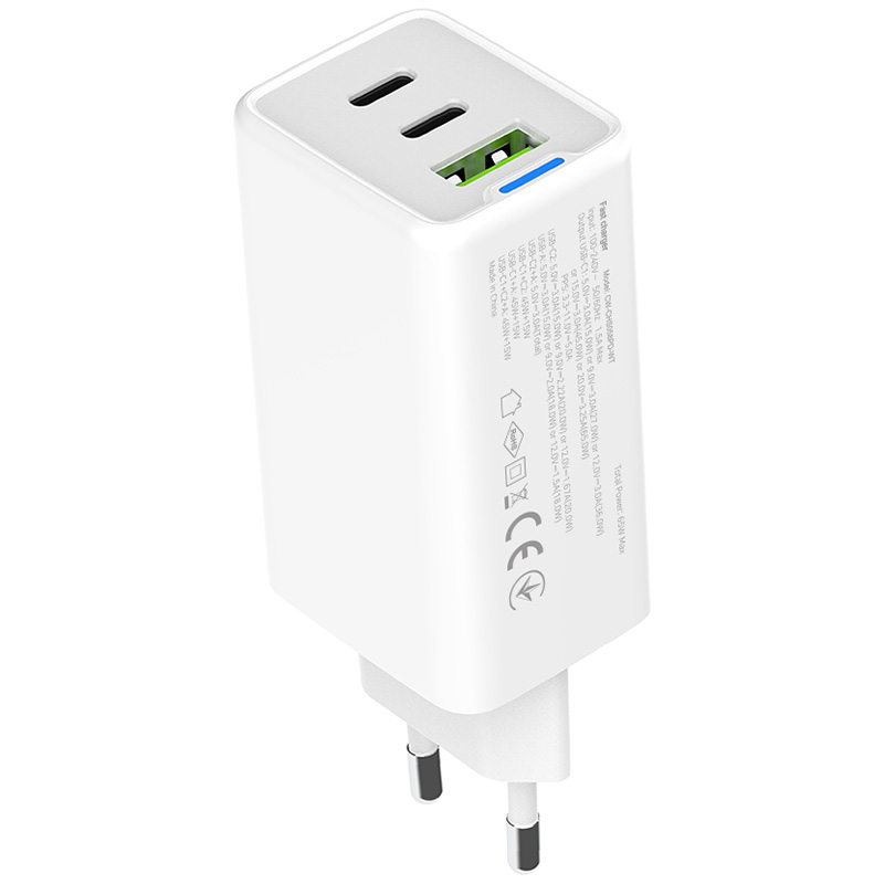 Зарядний пристрій COLORWAY GaN Mini 65W 1xUSB-A, 2xUSB-C Fast Charging White (CW-CHS058PD-WT)