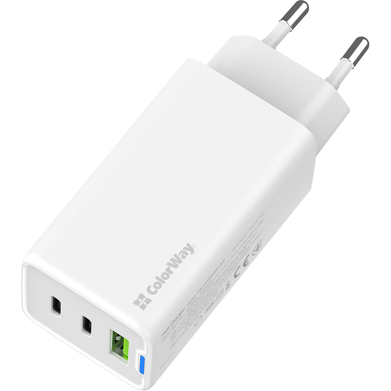 Зарядний пристрій COLORWAY GaN Mini 65W 1xUSB-A, 2xUSB-C Fast Charging White (CW-CHS058PD-WT)