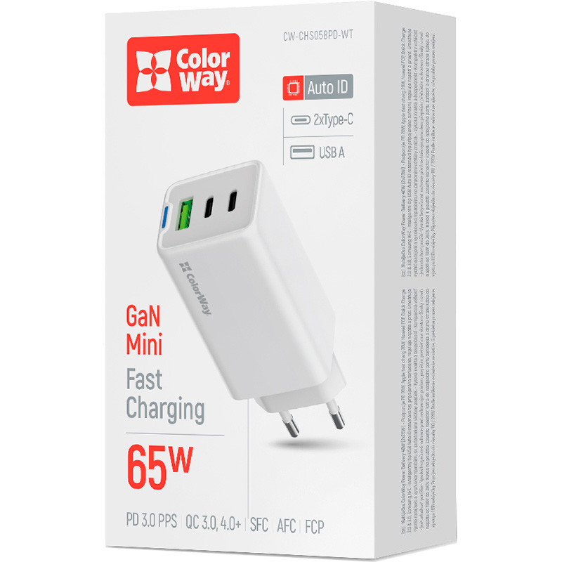 Зарядний пристрій COLORWAY GaN Mini 65W 1xUSB-A, 2xUSB-C Fast Charging White (CW-CHS058PD-WT)