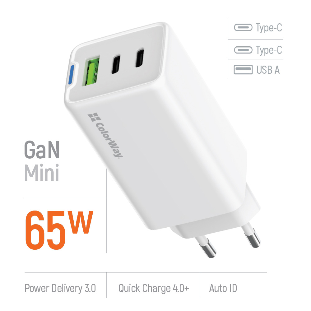 Зарядний пристрій COLORWAY GaN Mini 65W 1xUSB-A, 2xUSB-C Fast Charging White (CW-CHS058PD-WT)