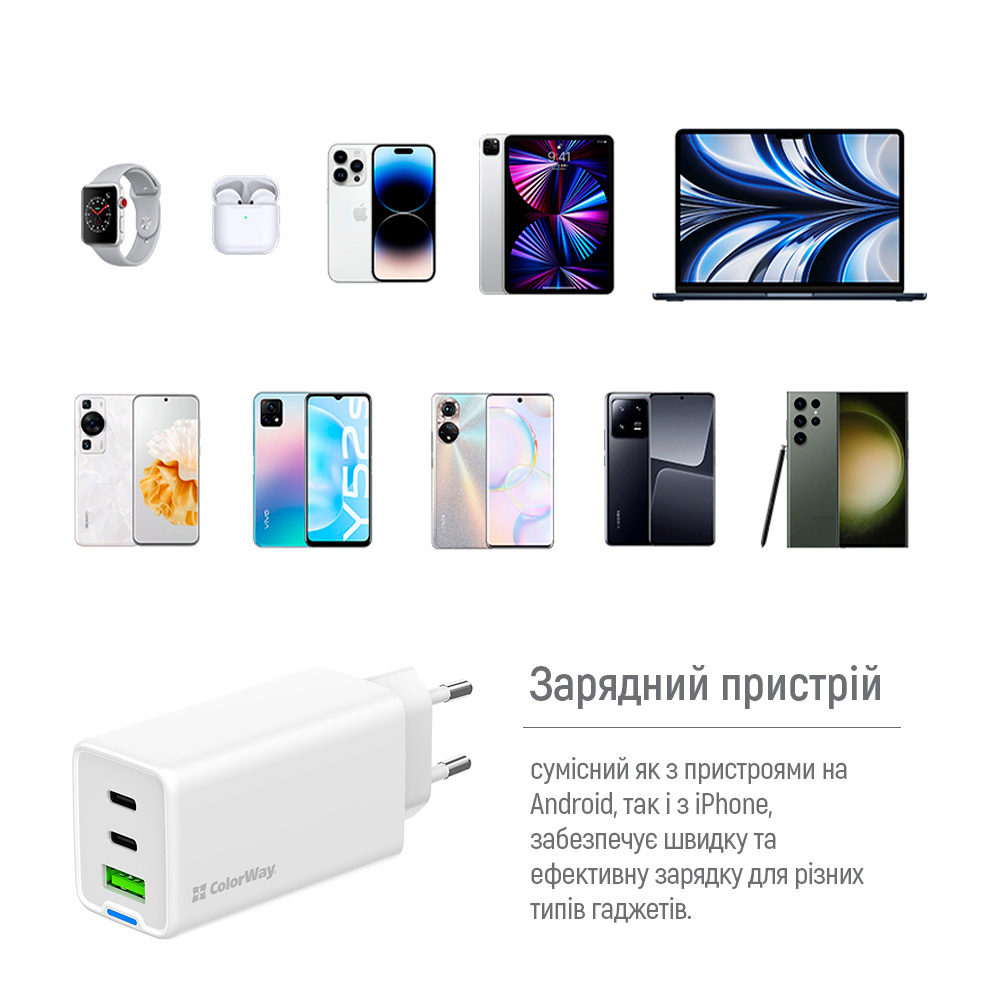 Зарядний пристрій COLORWAY GaN Mini 65W 1xUSB-A, 2xUSB-C Fast Charging White (CW-CHS058PD-WT)