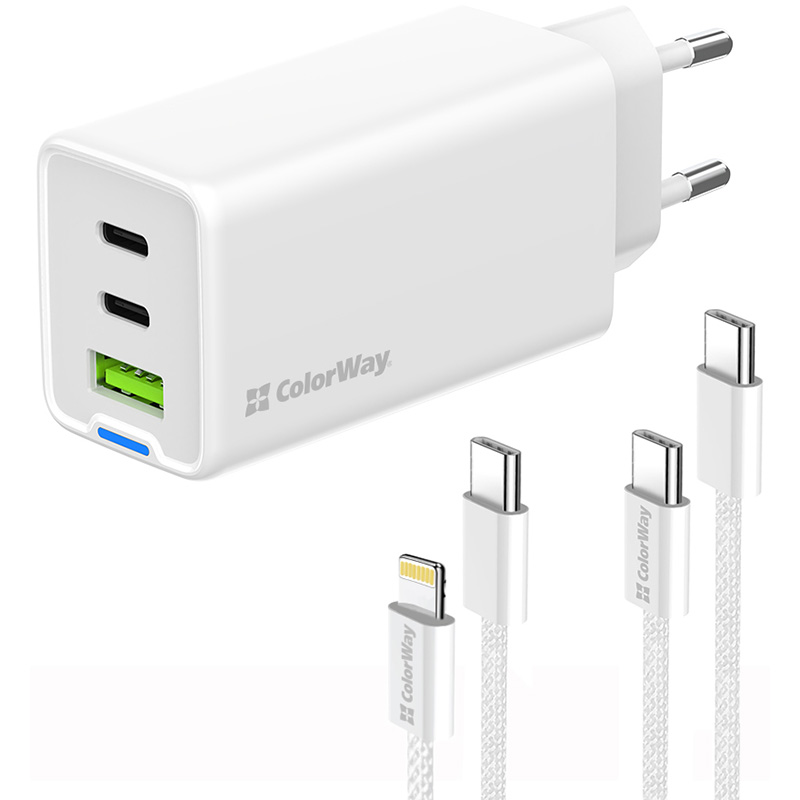 Зарядное устройство COLORWAY GaN Mini 65W 1xUSB-A, 2xUSB-C Fast Charging White w/Lightning+Type-C cable (CW-CHS058PDCL-WT)