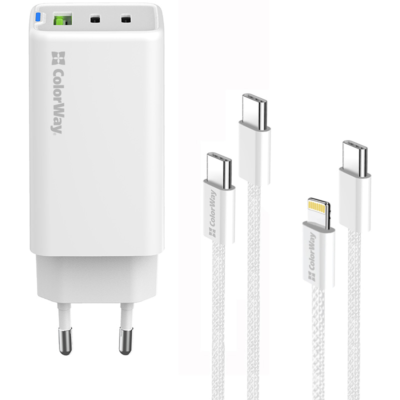 Зарядное устройство COLORWAY GaN Mini 65W 1xUSB-A, 2xUSB-C Fast Charging White w/Lightning+Type-C cable (CW-CHS058PDCL-WT)