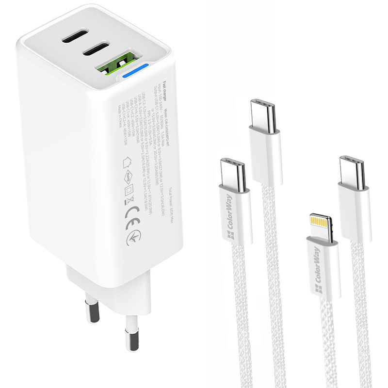 Зарядное устройство COLORWAY GaN Mini 65W 1xUSB-A, 2xUSB-C Fast Charging White w/Lightning+Type-C cable (CW-CHS058PDCL-WT)