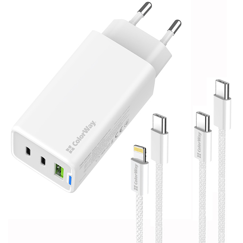 Зарядное устройство COLORWAY GaN Mini 65W 1xUSB-A, 2xUSB-C Fast Charging White w/Lightning+Type-C cable (CW-CHS058PDCL-WT)