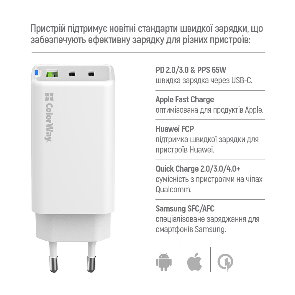 Зарядное устройство COLORWAY GaN Mini 65W 1xUSB-A, 2xUSB-C Fast Charging White w/Lightning+Type-C cable (CW-CHS058PDCL-WT)