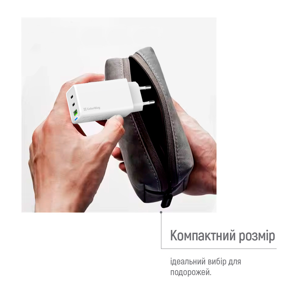 Зарядное устройство COLORWAY GaN Mini 65W 1xUSB-A, 2xUSB-C Fast Charging White w/Lightning+Type-C cable (CW-CHS058PDCL-WT)